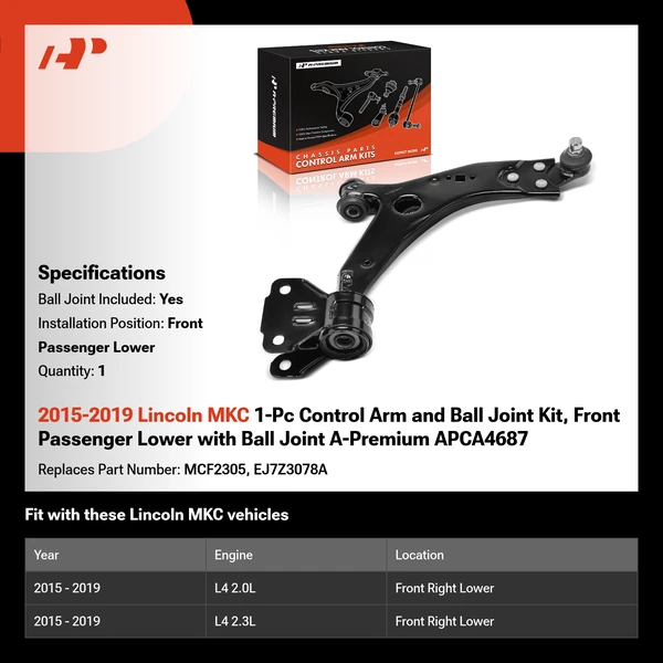 2015-2019 Lincoln MKC 1-Pc Control Arm and Ball Joint Kit, Front Passenger Lower with Ball Joint A-Premium APCA4687