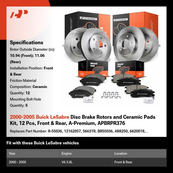 2000-2005 Buick LeSabre Disc Brake Rotors and Ceramic Pads Kit, 12 Pcs, Front & Rear, A-Premium, APBRPR376
