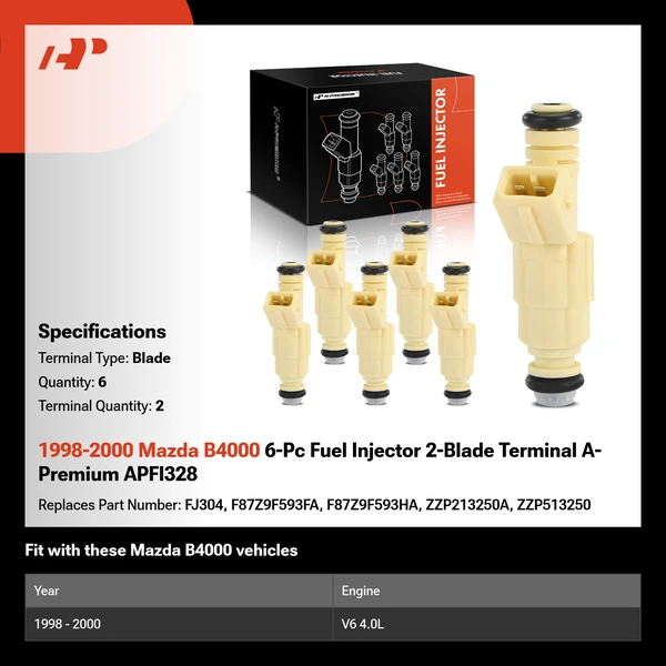 1998-2000 Mazda B4000 6-Pc Fuel Injector 2-Blade Terminal A-Premium APFI328