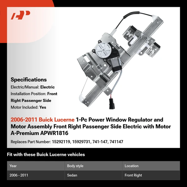 2006-2011 Buick Lucerne 1-Pc Power Window Regulator and Motor Assembly Front Right Passenger Side Electric with Motor A-Premium APWR1816