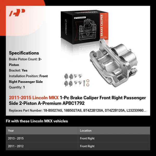 2011-2015 Lincoln MKX 1-Pc Brake Caliper Front Right Passenger Side 2-Piston A-Premium APBC1792