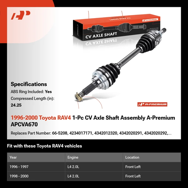 1996-2000 Toyota RAV4 1-Pc CV Axle Shaft Assembly A-Premium APCVA670