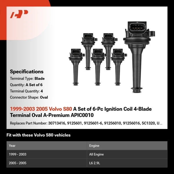 1999-2003 2005 Volvo S80 A Set of 6-Pc Ignition Coil 4-Blade Terminal Oval A-Premium APIC0010
