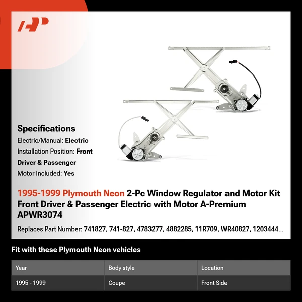 1995-1999 Plymouth Neon 2-Pc Window Regulator and Motor Kit Front Driver & Passenger Electric with Motor A-Premium APWR3074