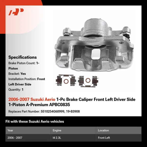 2006-2007 Suzuki Aerio 1-Pc Brake Caliper Front Left Driver Side 1-Piston A-Premium APBC0835