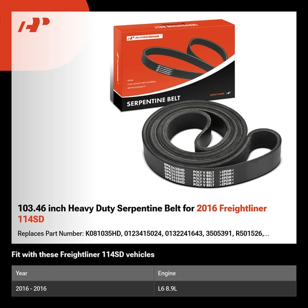 103.46 inch Heavy Duty Serpentine Belt for 2016 Freightliner 114SD