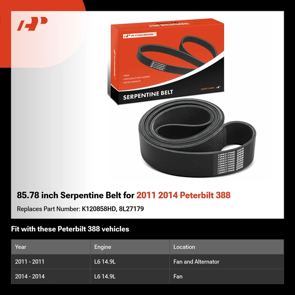 85.78 inch Serpentine Belt for 2011 2014 Peterbilt 388