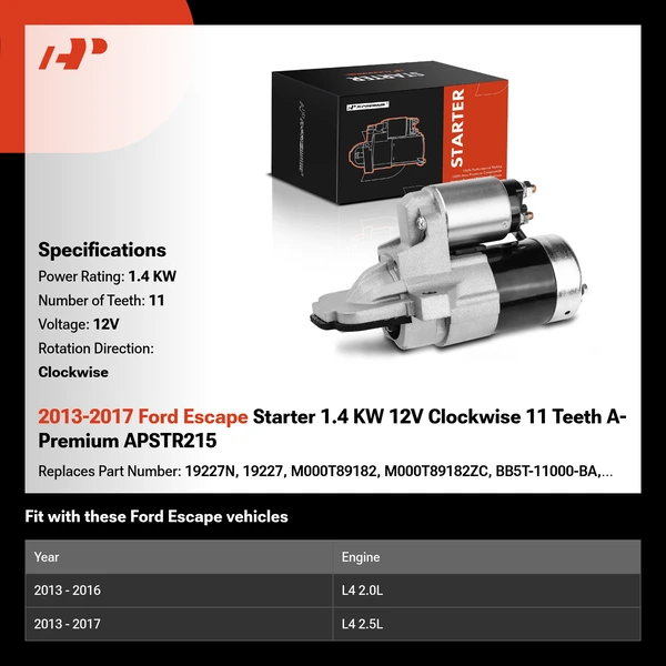 2013-2017 Ford Escape Starter 1.4 KW 12V Clockwise 11 Teeth A-Premium APSTR215