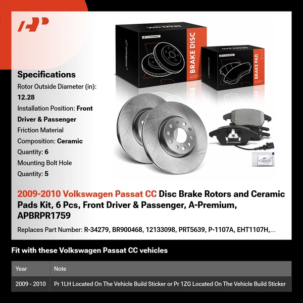 2009-2010 Volkswagen Passat CC Disc Brake Rotors and Ceramic Pads Kit, 6 Pcs, Front Driver & Passenger, A-Premium, APBRPR1759