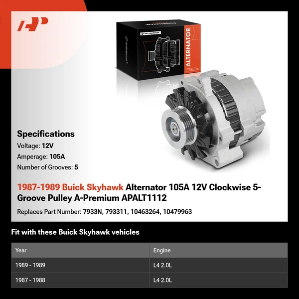 1987-1989 Buick Skyhawk Alternator 105A 12V Clockwise 5-Groove Pulley A-Premium APALT1112