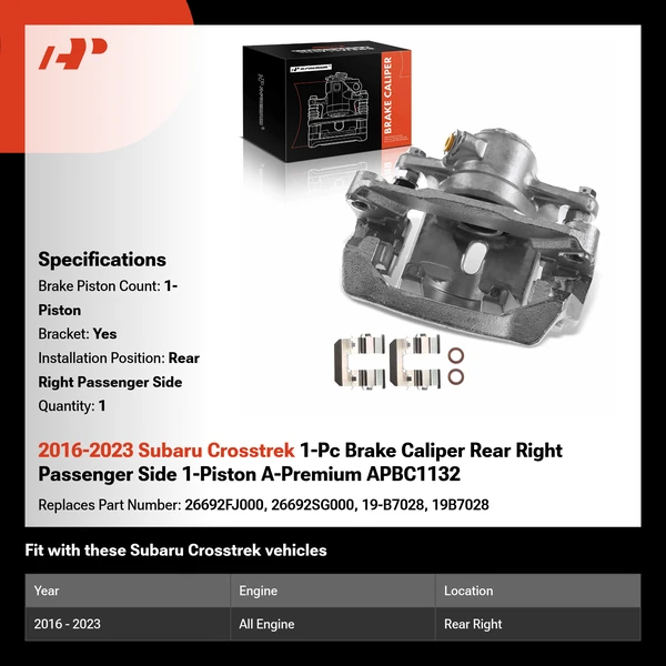 2016-2023 Subaru Crosstrek 1-Pc Brake Caliper Rear Right Passenger Side 1-Piston A-Premium APBC1132
