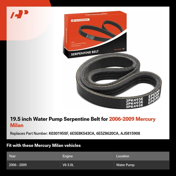 19.5 inch Water Pump Serpentine Belt for 2006-2009 Mercury Milan