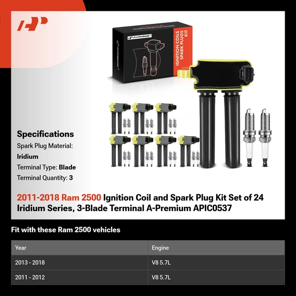2011-2018 Ram 2500 Ignition Coil and Spark Plug Kit Set of 24 Iridium Series, 3-Blade Terminal A-Premium APIC0537