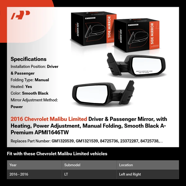 2016 Chevrolet Malibu Limited Driver & Passenger Mirror, with Heating, Power Adjustment, Manual Folding, Smooth Black A-Premium APMI1646TW