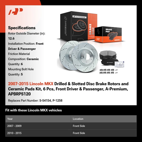2007-2015 Lincoln MKX Drilled & Slotted Disc Brake Rotors and Ceramic Pads Kit, 6 Pcs, Front Driver & Passenger, A-Premium, APBRPS120