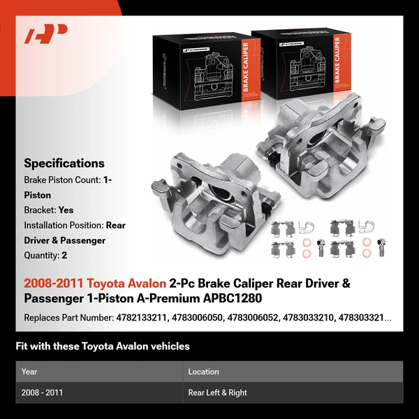 2008-2011 Toyota Avalon 2-Pc Brake Caliper Rear Driver & Passenger 1-Piston A-Premium APBC1280