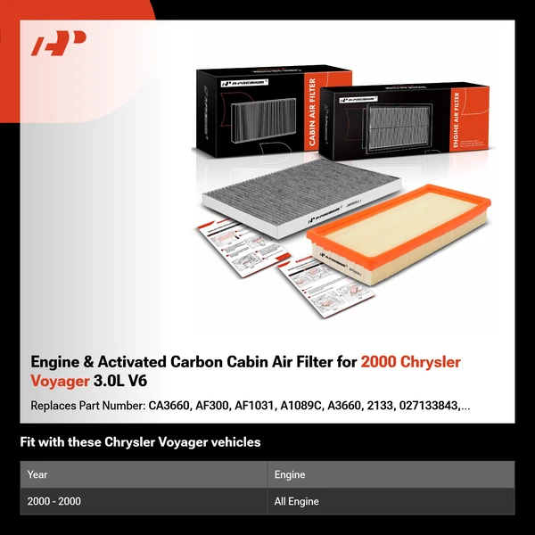 Engine & Activated Carbon Cabin Air Filter for 2000 Chrysler Voyager 3.0L V6