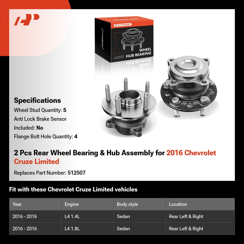 2 Pcs Rear Wheel Bearing & Hub Assembly for 2016 Chevrolet Cruze Limited