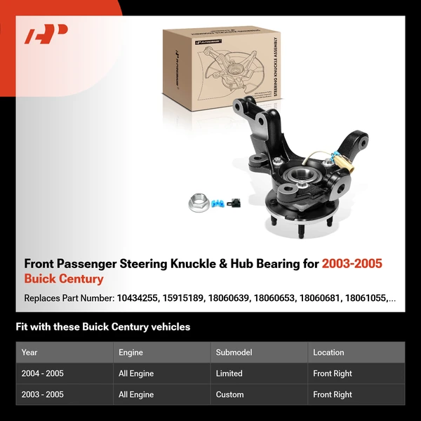 Front Passenger Steering Knuckle & Hub Bearing for 2003-2005 Buick Century