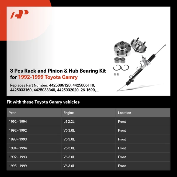 3 Pcs Rack and Pinion & Hub Bearing Kit for 1992-1999 Toyota Camry