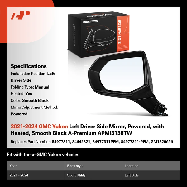 2021-2024 GMC Yukon Left Driver Side Mirror, Powered, with Heated, Smooth Black A-Premium APMI3138TW