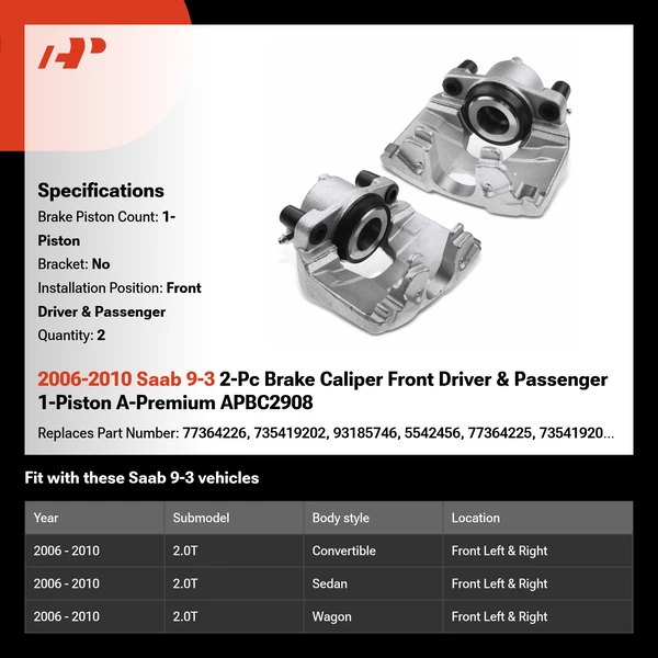 2006-2010 Saab 9-3 2-Pc Brake Caliper Front Driver & Passenger 1-Piston A-Premium APBC2908