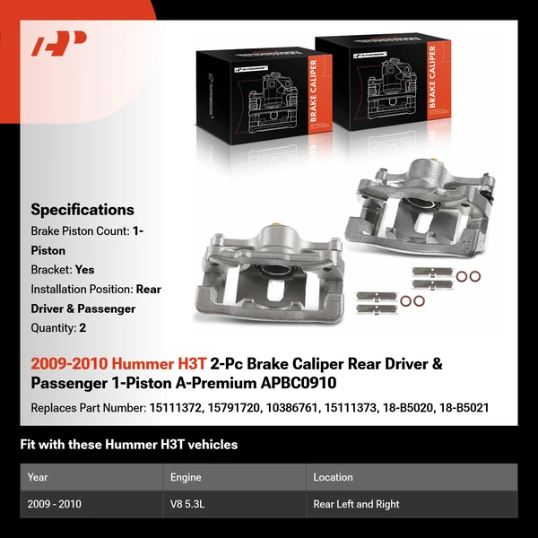 2009-2010 Hummer H3T 2-Pc Brake Caliper Rear Driver & Passenger 1-Piston A-Premium APBC0910
