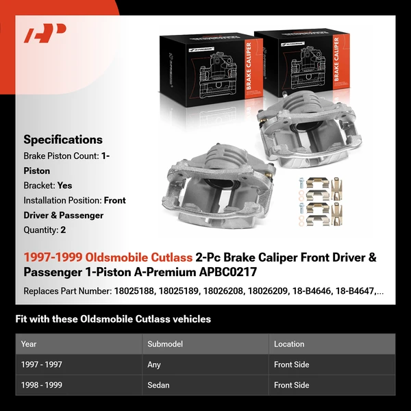 1997-1999 Oldsmobile Cutlass 2-Pc Brake Caliper Front Driver & Passenger 1-Piston A-Premium APBC0217