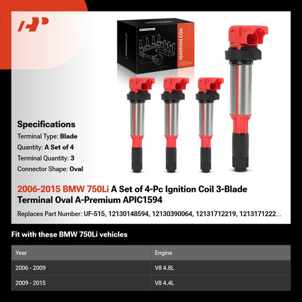 2006-2015 BMW 750Li A Set of 4-Pc Ignition Coil 3-Blade Terminal Oval A-Premium APIC1594