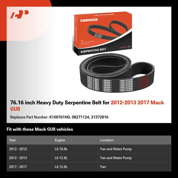 76.16 inch Heavy Duty Serpentine Belt for 2012-2013 2017 Mack GU8