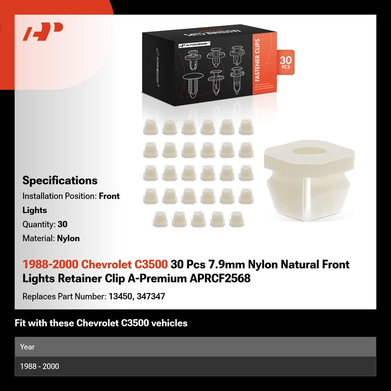 1988-2000 Chevrolet C3500 30 Pcs 7.9mm Nylon Natural Front Lights Retainer Clip A-Premium APRCF2568