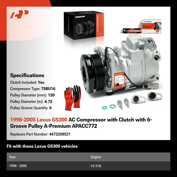 1998-2005 Lexus GS300 AC Compressor with Clutch with 6-Groove Pulley A-Premium APACC772