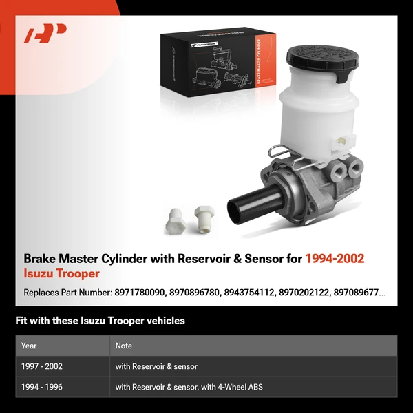 Brake Master Cylinder with Reservoir & Sensor for 1994-2002 Isuzu Trooper