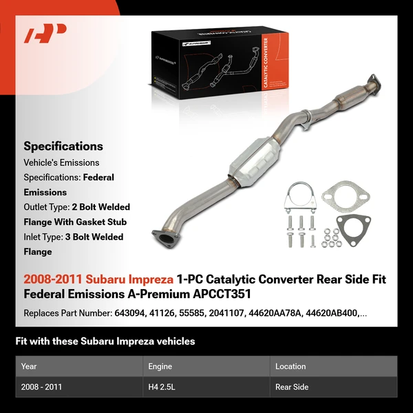 2008-2011 Subaru Impreza 1-PC Catalytic Converter Rear Side Fit Federal Emissions A-Premium APCCT351