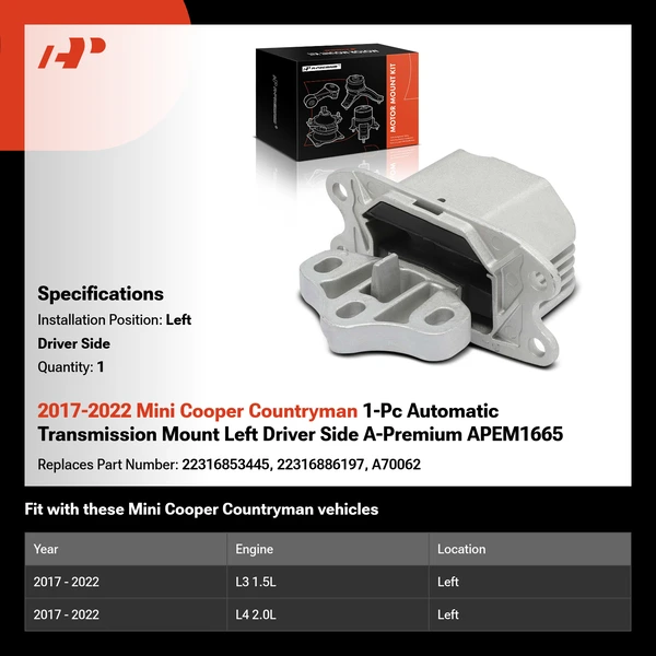 2017-2022 Mini Cooper Countryman 1-Pc Automatic Transmission Mount Left Driver Side A-Premium APEM1665