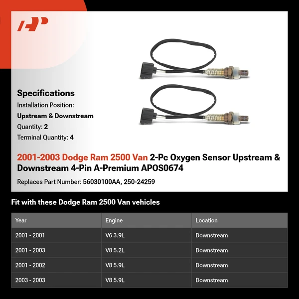 2001-2003 Dodge Ram 2500 Van 2-Pc Oxygen Sensor Upstream & Downstream 4-Pin A-Premium APOS0674