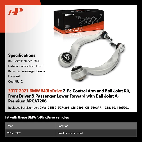 2017-2021 BMW 540i xDrive 2-Pc Control Arm and Ball Joint Kit, Front Driver & Passenger Lower Forward with Ball Joint A-Premium APCA7206