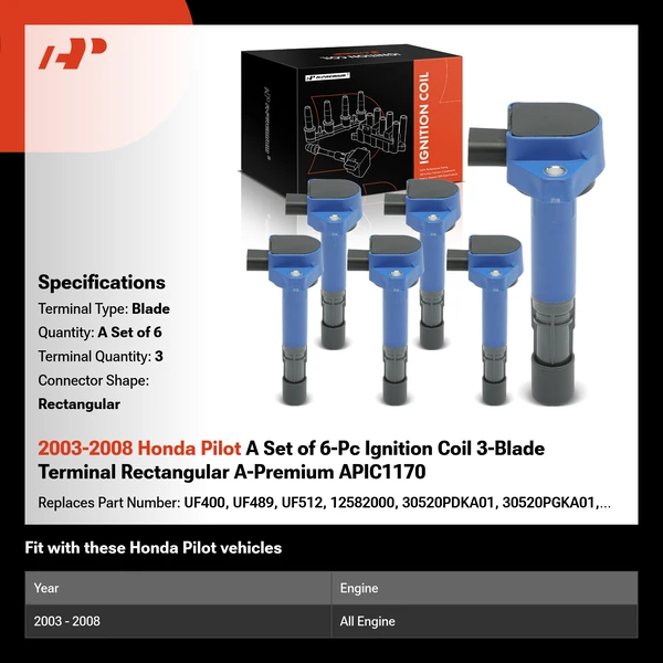 2003-2008 Honda Pilot A Set of 6-Pc Ignition Coil 3-Blade Terminal Rectangular A-Premium APIC1170