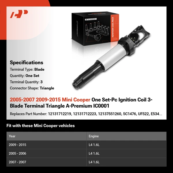 2005-2007 2009-2015 Mini Cooper One Set-Pc Ignition Coil 3-Blade Terminal Triangle A-Premium IC0001
