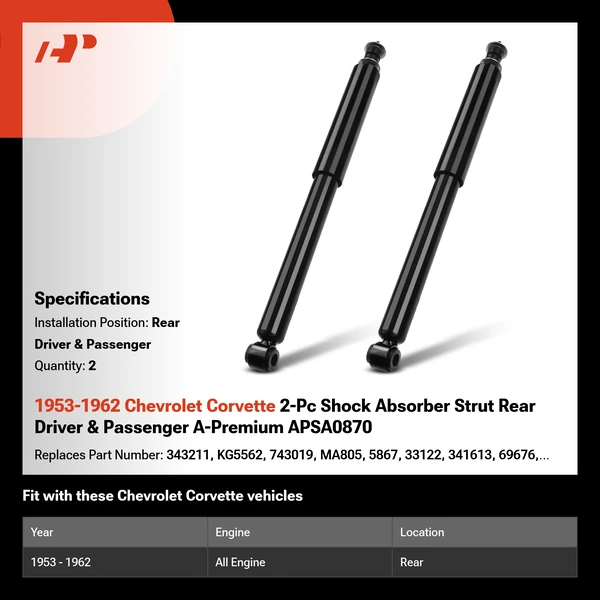 1953-1962 Chevrolet Corvette 2-Pc Shock Absorber Strut Rear Driver & Passenger A-Premium APSA0870