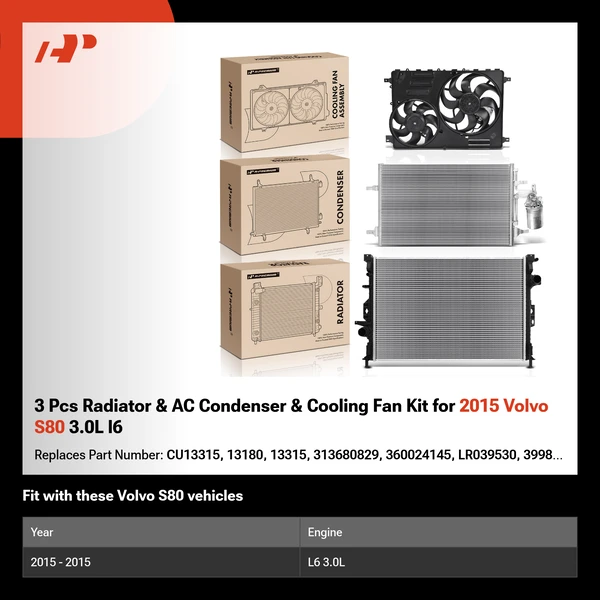3 Pcs Radiator & AC Condenser & Cooling Fan Kit for 2015 Volvo S80 3.0L l6