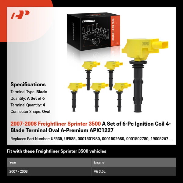 2007-2008 Freightliner Sprinter 3500 A Set of 6-Pc Ignition Coil 4-Blade Terminal Oval A-Premium APIC1227