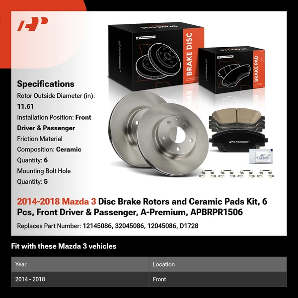 2014-2018 Mazda 3 Disc Brake Rotors and Ceramic Pads Kit, 6 Pcs, Front Driver & Passenger, A-Premium, APBRPR1506
