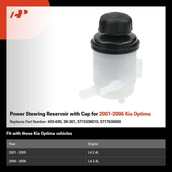 Power Steering Reservoir with Cap for 2001-2006 Kia Optima