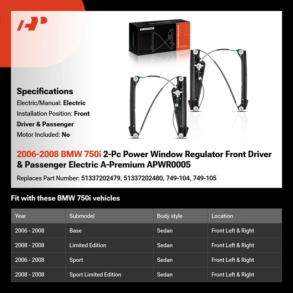 2006-2008 BMW 750i 2-Pc Power Window Regulator Front Driver & Passenger Electric A-Premium APWR0005