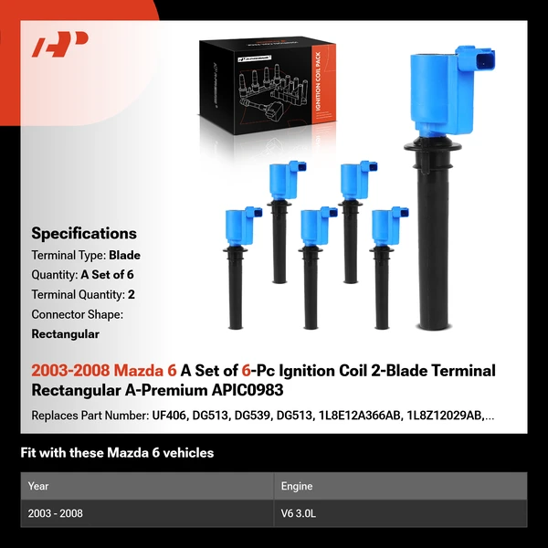 2003-2008 Mazda 6 A Set of 6-Pc Ignition Coil 2-Blade Terminal Rectangular A-Premium APIC0983