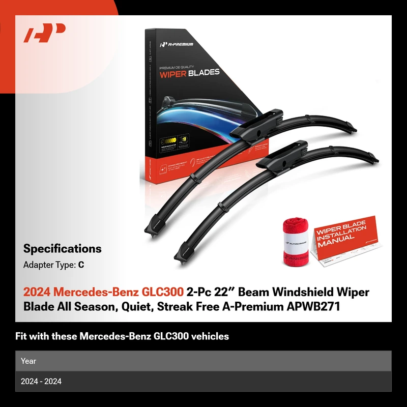 2024 Mercedes-Benz GLC300 2-Pc 22″ Beam Windshield Wiper Blade All Season, Quiet, Streak Free A-Premium APWB271