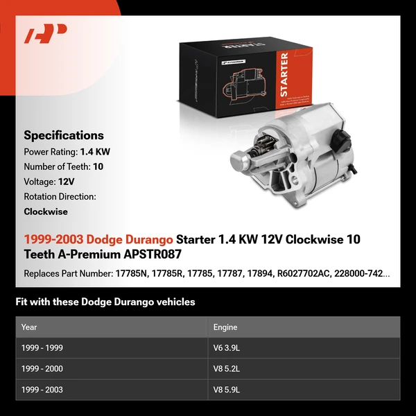 1999-2003 Dodge Durango Starter 1.4 KW 12V Clockwise 10 Teeth A-Premium APSTR087