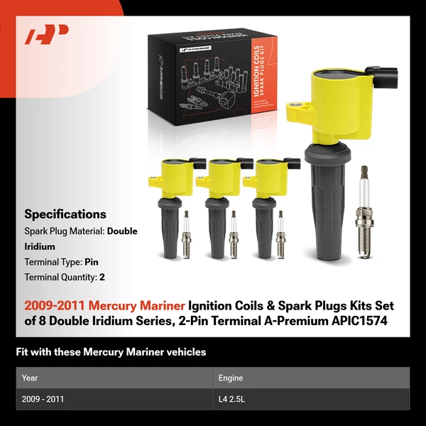 2009-2011 Mercury Mariner Ignition Coils & Spark Plugs Kits Set of 8 Double Iridium Series, 2-Pin Terminal A-Premium APIC1574