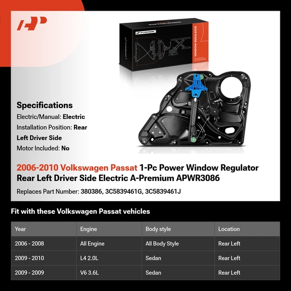 2006-2010 Volkswagen Passat 1-Pc Power Window Regulator Rear Left Driver Side Electric A-Premium APWR3086